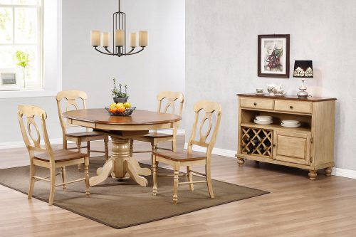 Brook Dining - 6-piece dining set - Round dining table with Butterfly leaf - four Napoleon chairs and a server - Finished in creamy wheat with a Pecan top and seats and accents - dining room setting DLU-BR4260-C50-SRPW6PC