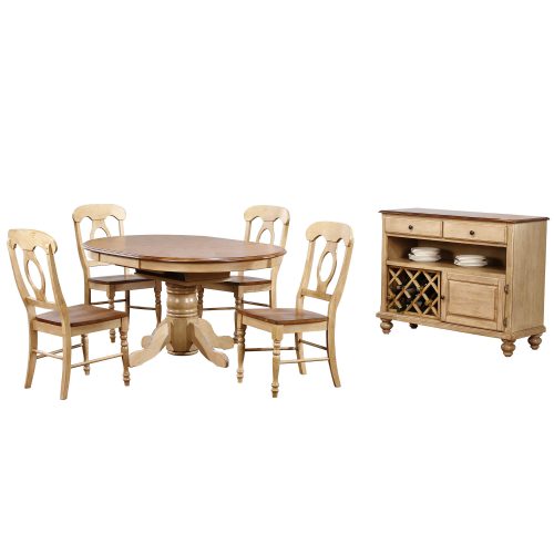 Brook Dining - 6-piece dining set - Round dining table with Butterfly leaf - four Napoleon chairs and a server - Finished in creamy wheat with a Pecan top and seats and accents DLU-BR4260-C50-SRPW6PC
