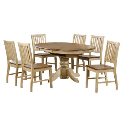 Brook Dining 7-piece dining set - Extendable pedestal dining table with six slat-back chairs - Finished in creamy wheat with a Pecan top and seats DLU-BR4260-C60-PW7PC