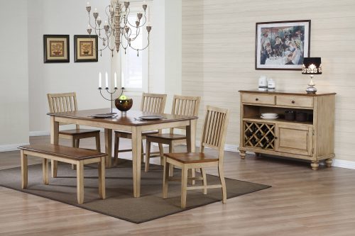 Brook Dining - 7-piece dining set - server - dining table - four chair - dining bench finished in a creamy wheat with Pecan seat and accents - DLU-BR-TL-3660-PW, DLU-BR-C60-PW-RTA, DLU-BR-BENCH-PW-RTA