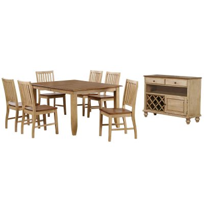 Brook Dining 8-piece dining set - Extendable dining table with six slat-back chairs and server - finished in creamy wheat with a Pecan top and seats and accents DLU-BR4272-C60-SRPW8PC