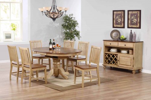 Brook Dining 8-piece dining set - Extendable pedestal table with six slat-back chairs and server - Finished in creamy wheat with a Pecan top and seats and accents - room setting DLU-BR4260-C60-SRPW8PC
