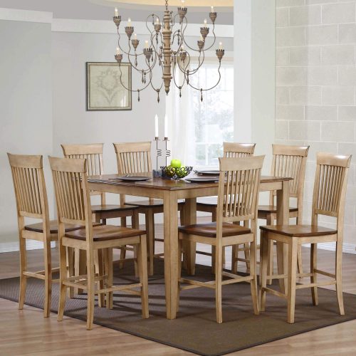 Brook Dining 9-piece dining set - Square pub table with eight fancy slat stools - Finished in creamy wheat with Pecan top and seats dining room setting DLU-BR4848CB-B70-PW9PC