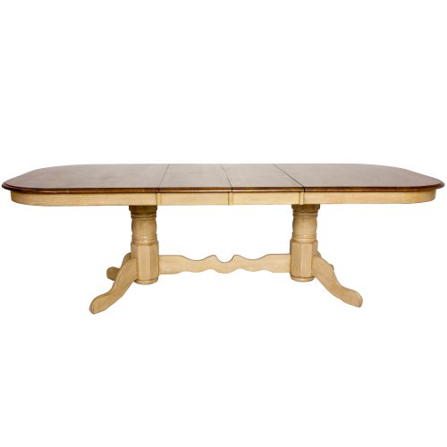 Brook Dining - Extendable double pedestal table - Finished in creamy wheat with a Pecan top - side view with butterfly leaf in place DLU-BR4296-PW
