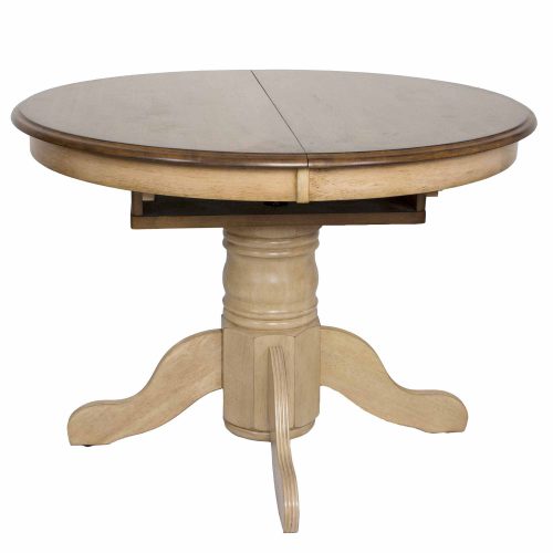 Brook Dining - Round Extendable dining table - finished in creamy wheat with a Pecan top - front view without butterfly leaf in DLU-BR4260-PW