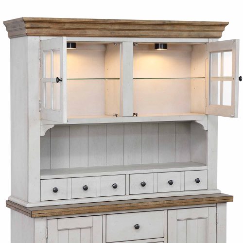 Country Gove Collection - Buffet - Hutch in distressed gray and brown - three-quarter view with doors open DLU-CG-BH-GO