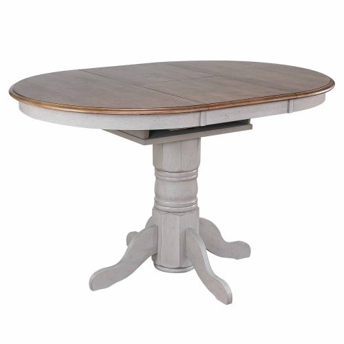 Country Grove Collection - Round Extendable Pub Table in distressed Gray finish and Oak - three-quarter view with leaf DLU-CG4260CB-GO