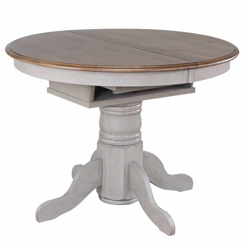 Country Grove Collection - Round Pedestal table in distressed gray with Oak top - three-quarter view without leaf DLU-CG4260-GO