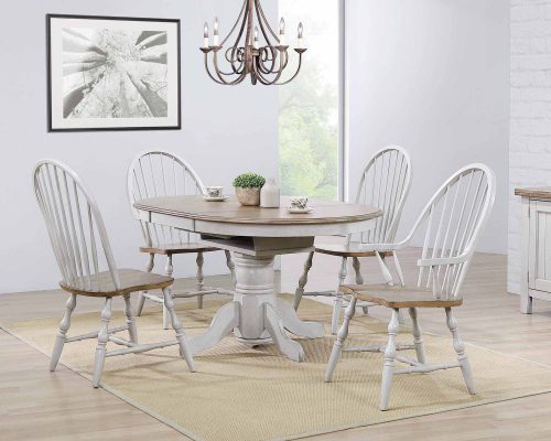 Country Grove Collection - Round Pedestal table in distressed gray with Oak top with two Windsor armchairs and two Windsor side chairs DLU-CG4260-GO-5