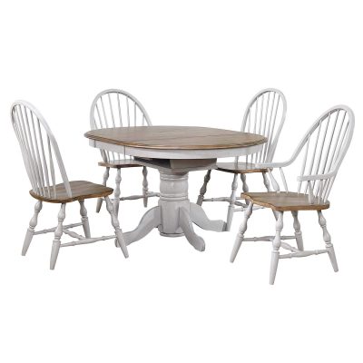 Country Grove Collection - Round extendable dining table in distressed gray with Oak top and two Windsor chairs DLU-CG4260-30AGO5