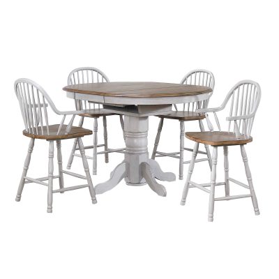 Country Grove Collection - Round pedestal pub table in distressed gray with Oak top and four Windsor bar height stools with arms DLU-CG4260CB30AGO5