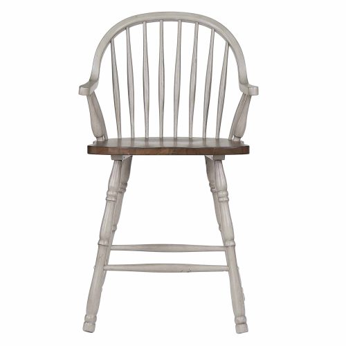 Country Grove Collection - Windsor Counter height stools with arms in distressed gray finish and Oak seat - front view - DLU-CG-B3024A-GO-2