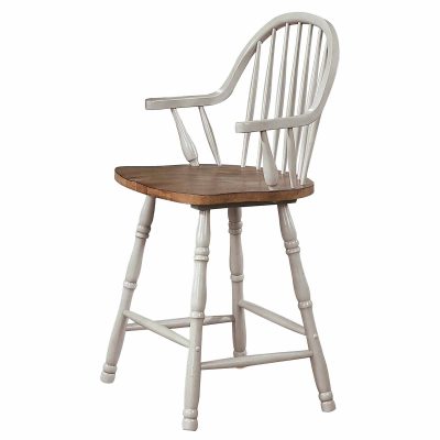 Country Grove Collection - Windsor Counter height stools with arms in distressed gray finish and Oak seat - three-quarter view - DLU-CG-B3024A-GO-2
