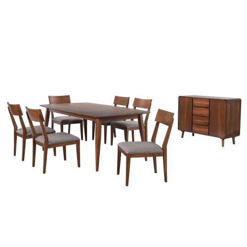 Mid Century Dining Collection: Dining table, six upholstered chairs, and server. Three-quarter view DLU-MC4278-C45-SR8P