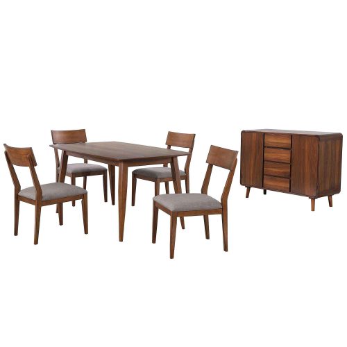 Mid Century Dining Collection: Dining table, four upholstered chairs, and server. Three-quarter view DLU-MC3660-C45-SR6P