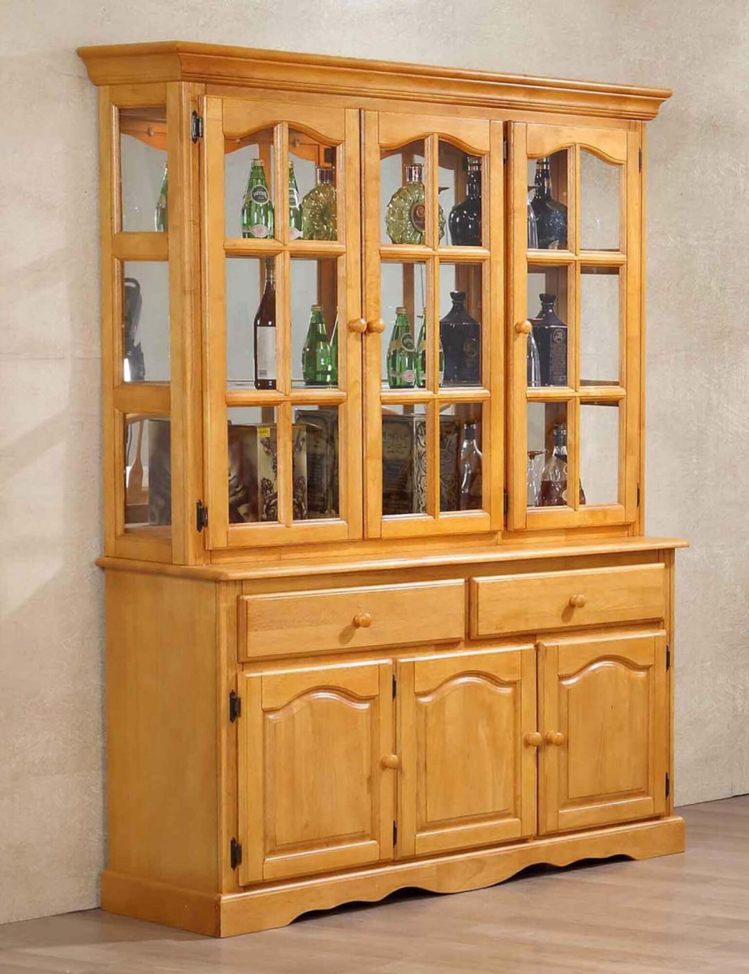 3 Door Buffet and Lighted Hutch Light Oak Sunset Trading