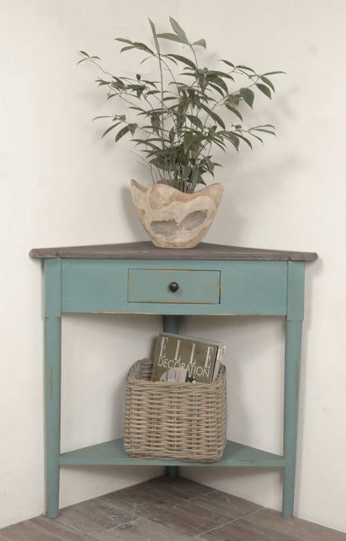Shabby Chic Collection - Corner table with a drawer finished in distressed beach blue with a Raftwood top - room setting CC-TAB179TLD-BBRW