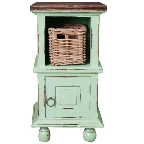 Shabby Chic Collection - End table finished in antique green with a Mahogany top front view with basket CC-TAB016TLD-TERW-B