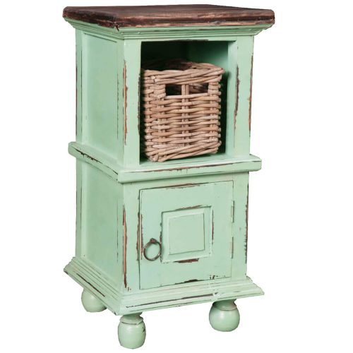 Shabby Chic Collection - End table finished in antique green with a Mahogany top three-quarter view with basket CC-TAB016TLD-TERW-B