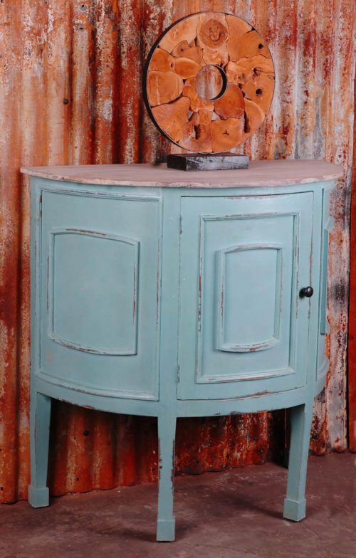 Shabby Chic Collection - Half-round cabinet finished in distressed beach blue with a Mahogany top - room setting CC-CHE090TLD-BBLW