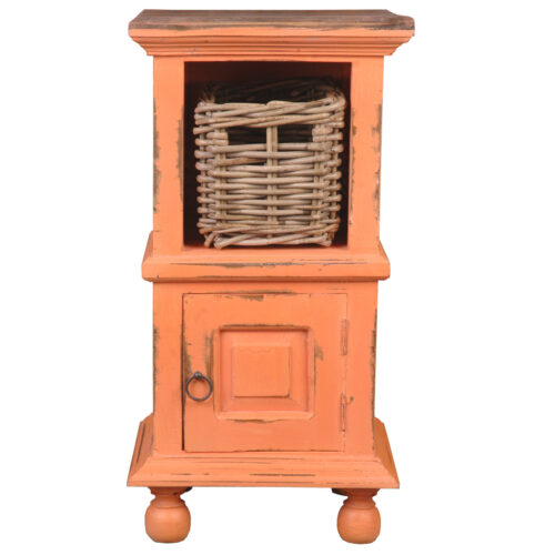 Shabby Chic Collection: End table in Coral orange with a raftwood finished top. Front view with a basket - CC-TAB016TLD-CRRW-B