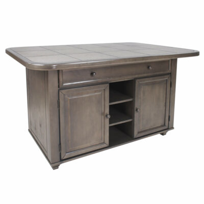 Kitchen island in Antique Gray finish with a gray tile top. Angle view-CY-KIT2-AG