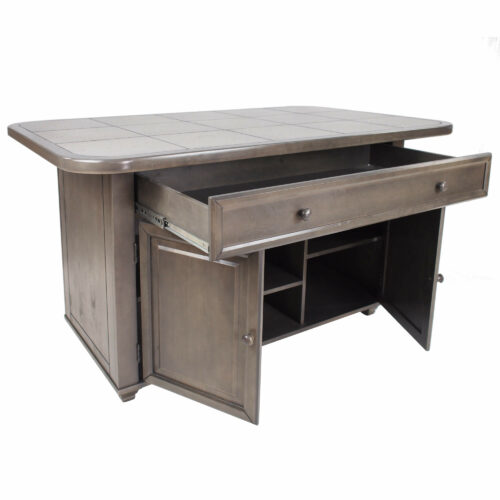 Kitchen island in Antique Gray finish with a gray tile top. Drawer and doors open-CY-KIT2-AG