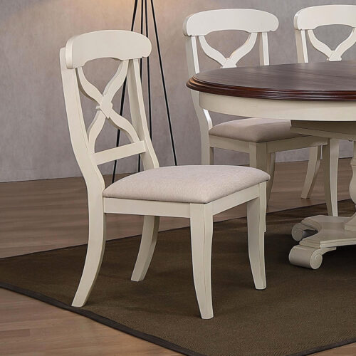 Andrews Dining - Upholstered dining chair finished in antique white, angle view in dining room-DLU-ADW-C12-AW-2