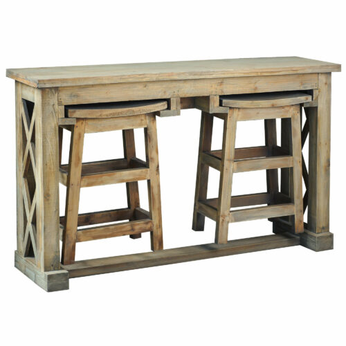 Cottage Collection- Console with two stools stowed, angle view-CC-TAB246S-DW