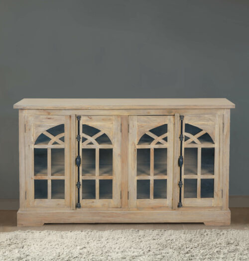Cottage Collection- Credenza in driftwood, front view in lifestyle-CC-CAB1706S-DW