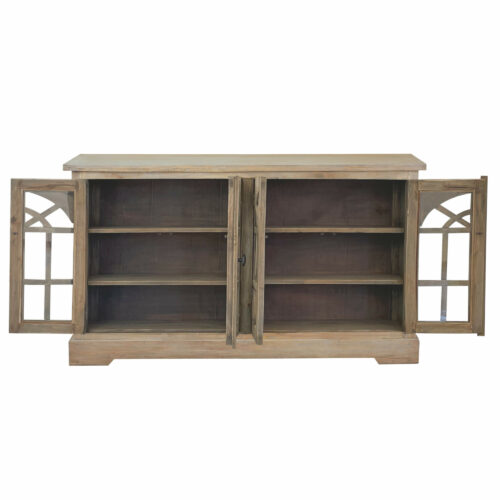 Cottage Collection- Credenza in driftwood, front view with doors opened-CC-CAB1706S-DW