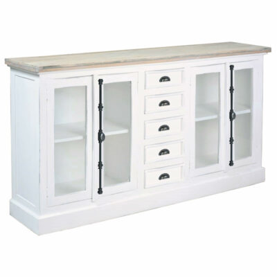 Cottage Collection- Credenza in white with driftwood top, angle view-CC-CAB189TLD-WWDW