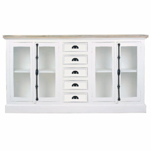 Cottage Collection- Credenza in white with driftwood top, front view-CC-CAB189TLD-WWDW