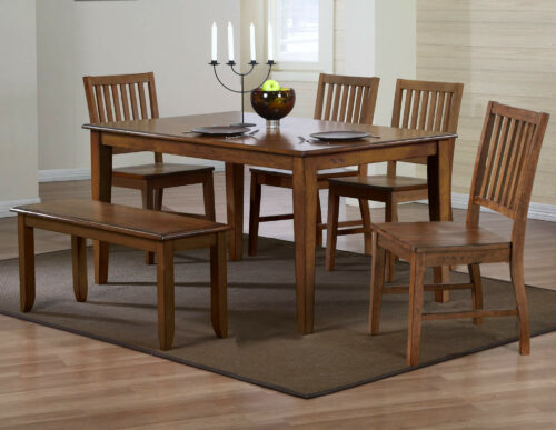 Amish Brook Collection- 60 inch table with 4 chairs and bench, in dining room-DLU-BR3660-C60-BNAM6P