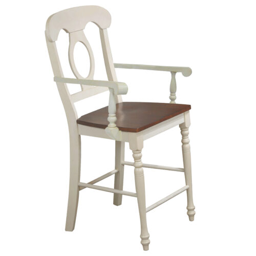 Andrews Collection- Napoleon counter stool with arms. Antique white & chestnut, angle view-DLU-ADW-B50A-AW-2
