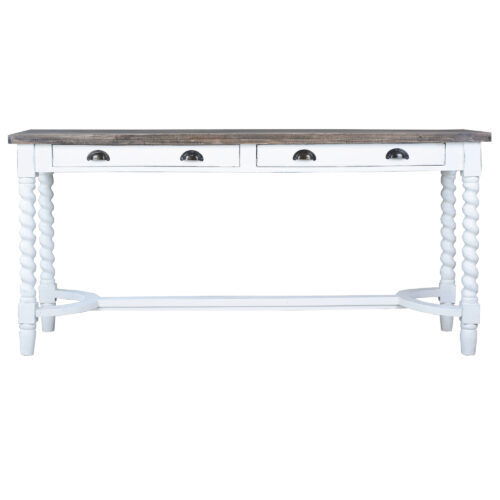 Cottage Collection- Console Table/ Desk in white with raftwood top, front view-CC-TAB231TLD-WWRW