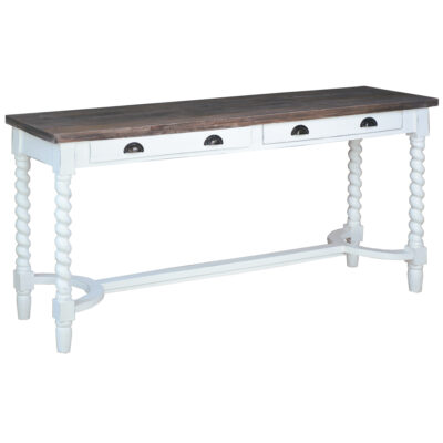 Cottage Collection- Console Table/ Desk in white with raftwood top, angle view-CC-TAB231TLD-WWRW