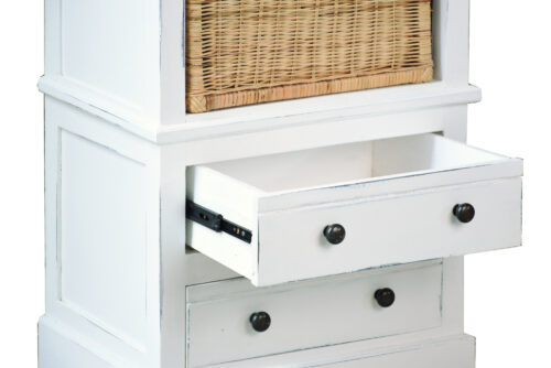 Cottage Collection- Storage shelf with basket in white, drawer detail-CC-CAB252LD-WW
