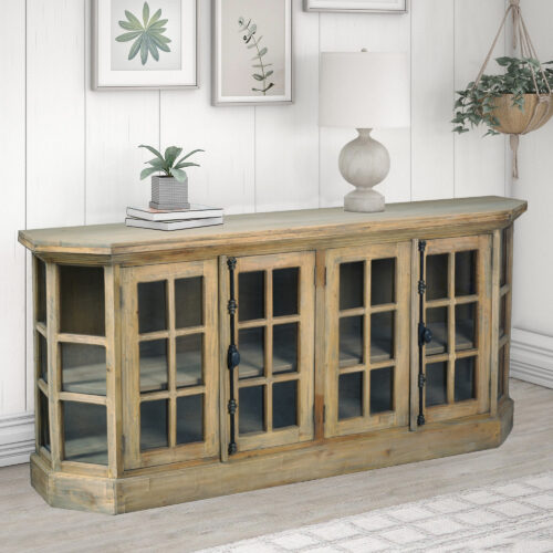 Cottage Collection- Display cabinet in driftwood, angle view in lifestyle-CC-CAB924S-DW